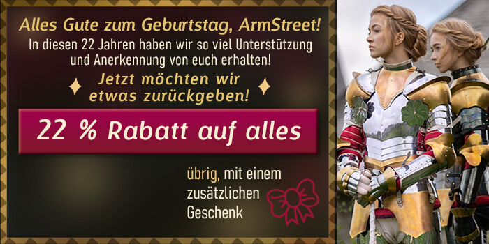 Alles Gute zum Geburtstag, ArmStreet! In diesen 22 Jahren haben wir so viel Unterstützung und Anerkennung von euch erhalten! Jetzt möchten wir etwas zurückgeben! 22 % Rabatt auf alles